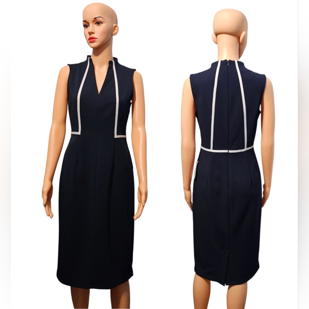 Donna Morgan Reyna Sheath Navy Contrast Pipping Office Siren Midi Dress Sz 2